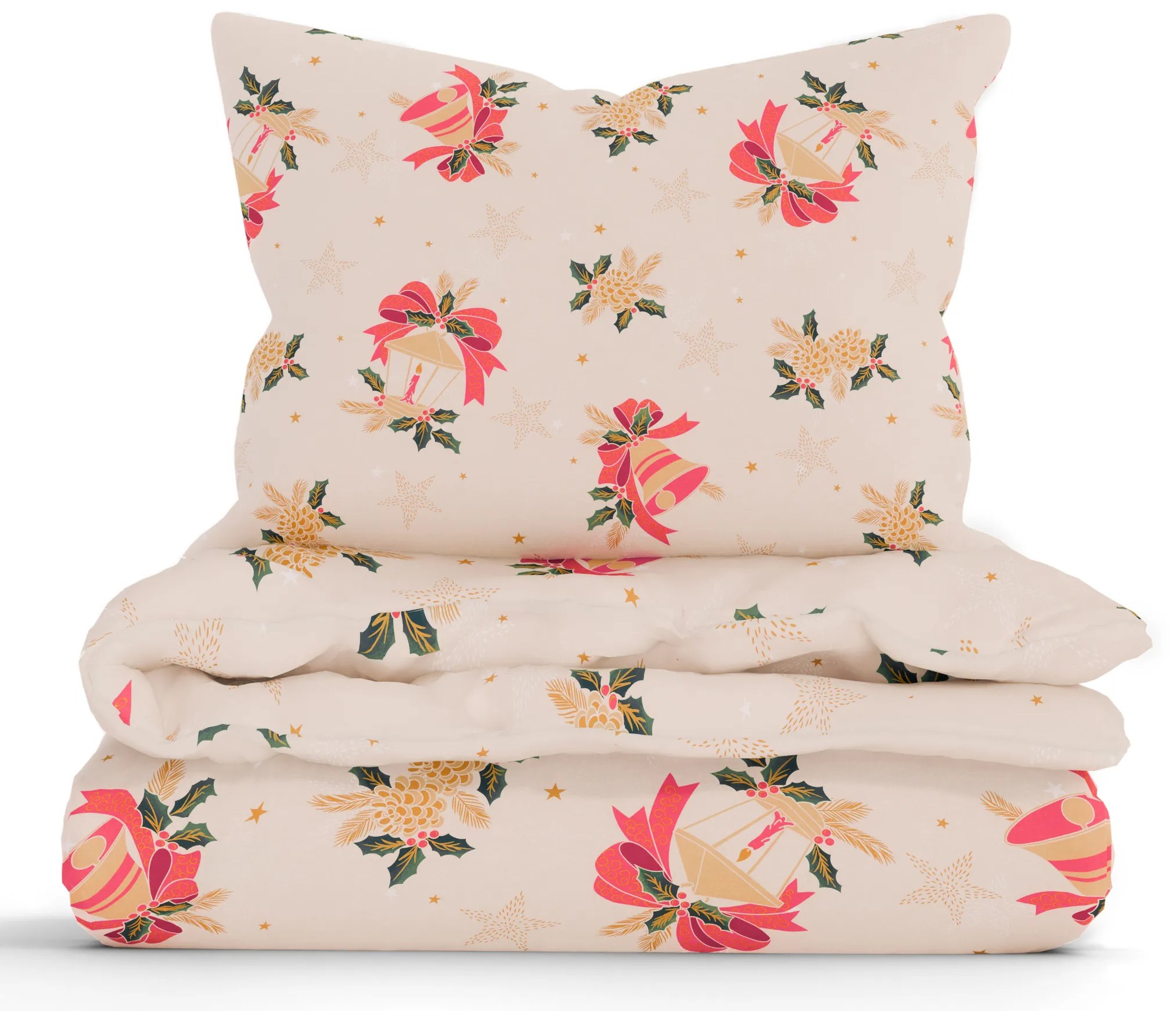 Vianočné bavlnené obliečky Renforcé - Vianočné zvončeky béžové