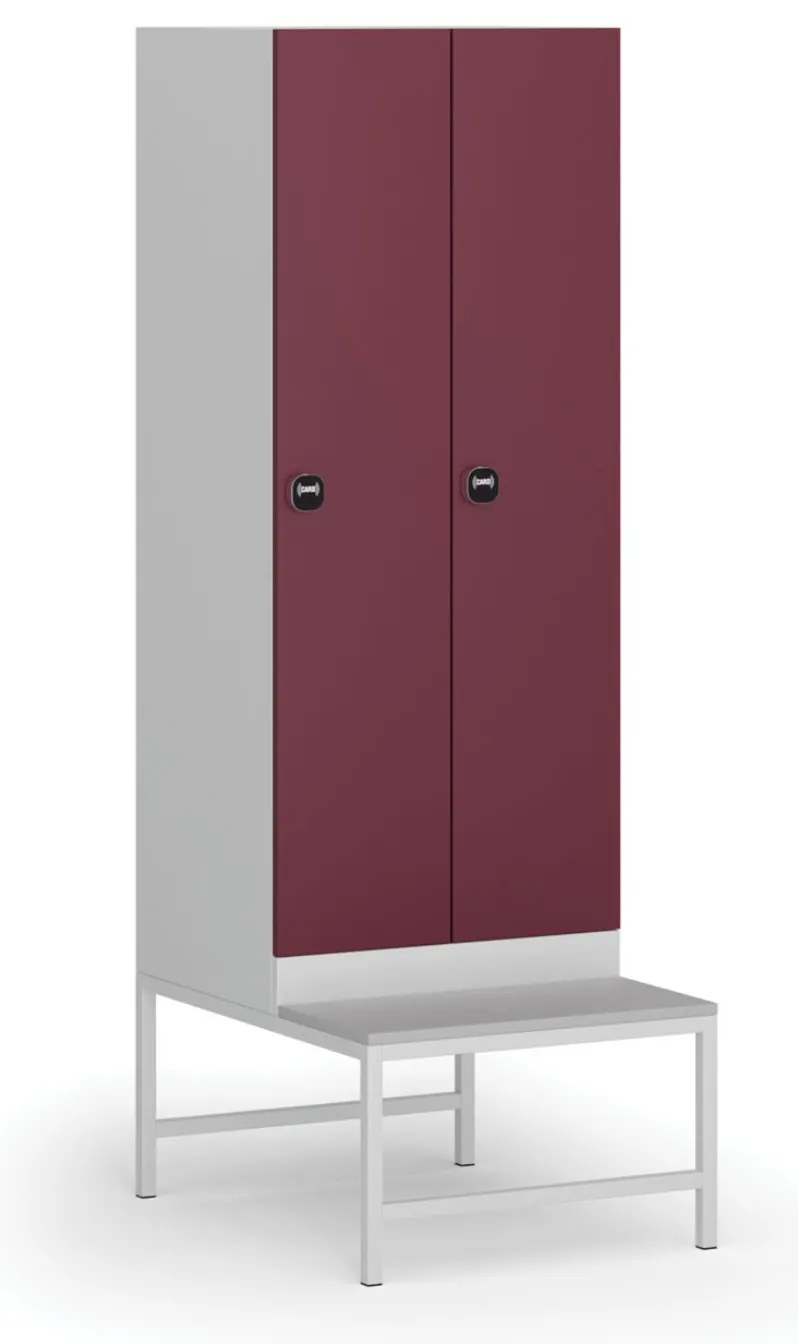 Šatníková skrinka s lavičkou, 2 oddiely, 1875 x 600 x 500/800 mm, demont, zámok s čítačkou RFID kariet, červené dvere
