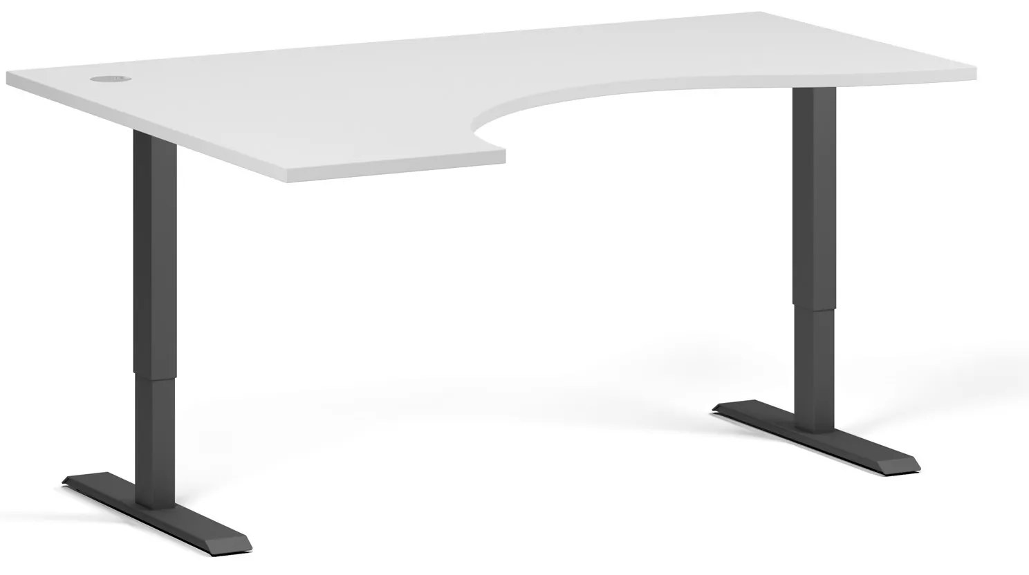 Ergonomický výškovo nastaviteľný stôl, 160x120 cm, 1 motor, L/P, čierna podnož, biela