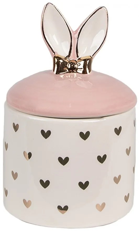 Ružovobiela keramická dóza s vekom Rabbit Heart s uškami - Ø 9x14 cm