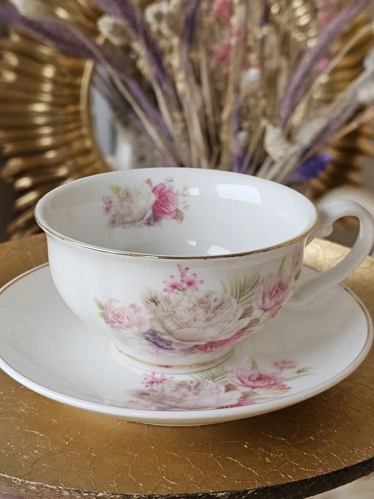 Biela šálka s tanierikom s kvietkami - Ø 13*2 / 12*9*5 cm