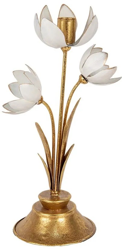 Bielo-zlatý antik kovový svietnik na úzku sviečku Flower - 16*11*30 cm