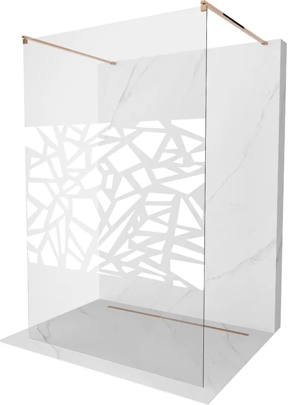 Mexen Kioto, priechodná sprchová zástena 120 x 200 cm, 8mm sklo číre s bielym vzorom, 2x zlatá stabilizačná rozpera, profil ružové zlato, 800-120-002-60-85