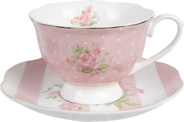 Bielo-ružová šálka a tanierikom s ružičkami Sweet Roses - 12*9*6 cm / Ø 14*2 cm / 200 ml