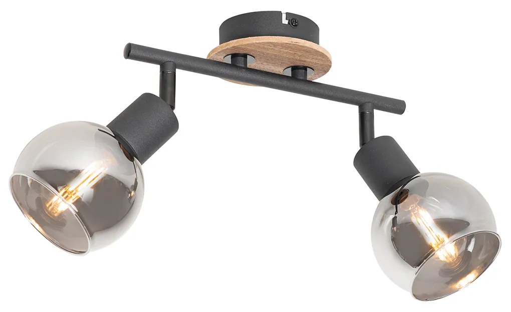 Stropné svietidlo čierne s dymovým sklom a drevenou časťou 2-žiarovkové - Vidro
