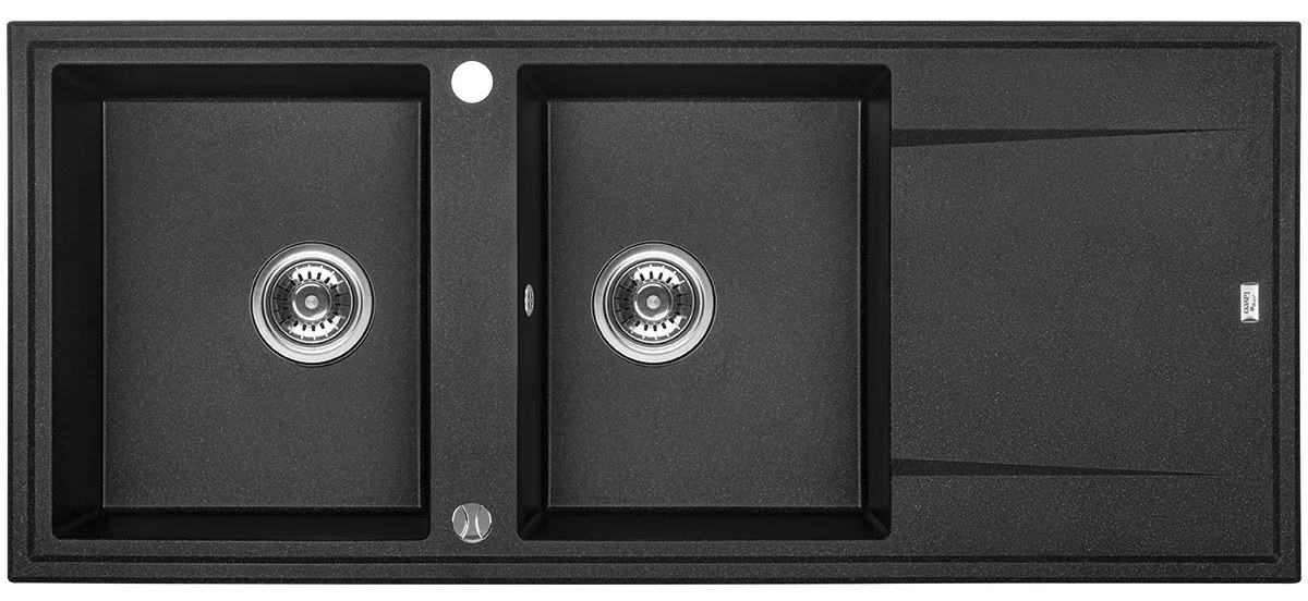 Laveo Megalo, 2-komorový granitový drez 1160x500x185 mm s dlhým odkvapávačom, čierna škvrnitá, LAV-SBE_721T