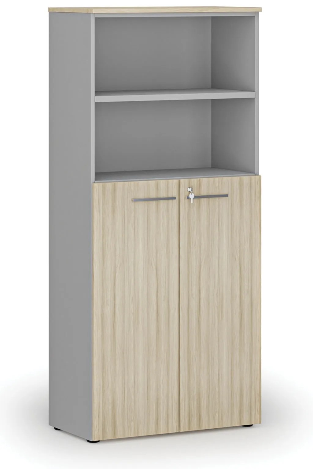 Kombinovaná kancelárska skriňa PRIMO GRAY, dvere na 3 poschodia, 800 x 420 x 1781 mm, sivá/dub prírodný
