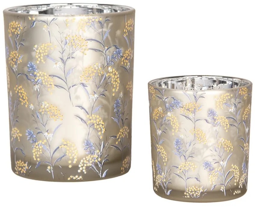 2ks sklenený strieborný svietnik so žltými kvetmi - Ø 7*8 / 10*13 cm