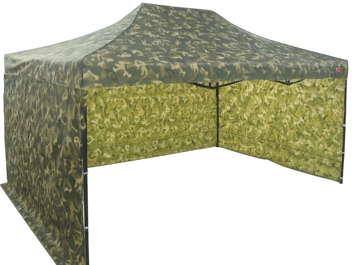 Rýchlorozkladací nožnicový stan 3x4,5m – hliníkový, 3 bočné plachty, Maskáčová