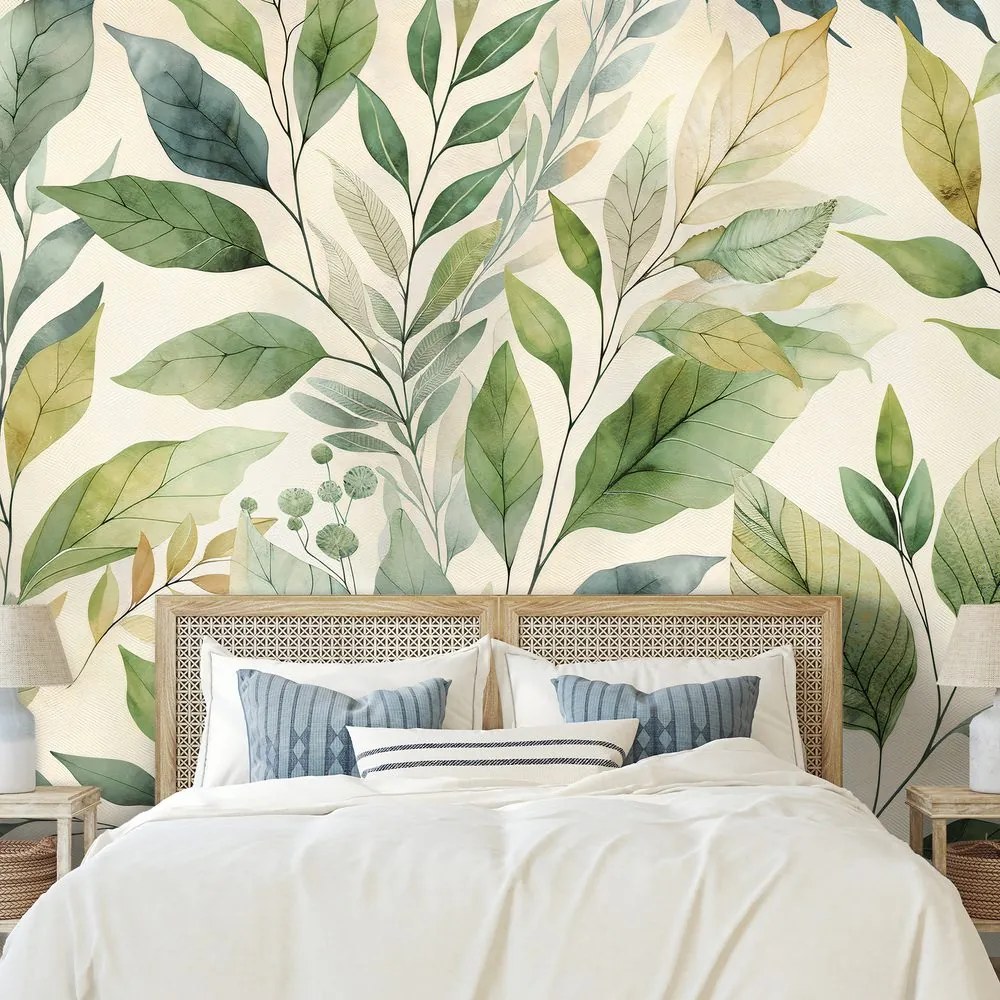 Tapeta zelené akvarelové listy na béžovom pozadí