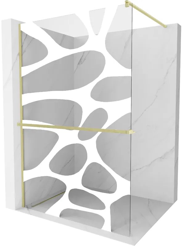 Mexen Kioto+, sprchová zástena Walk-In s poličkou a vešiakom 90 x 200 cm, 8mm číre sklo biely vzor, zlatý matný profil, 800-090-121-55-97