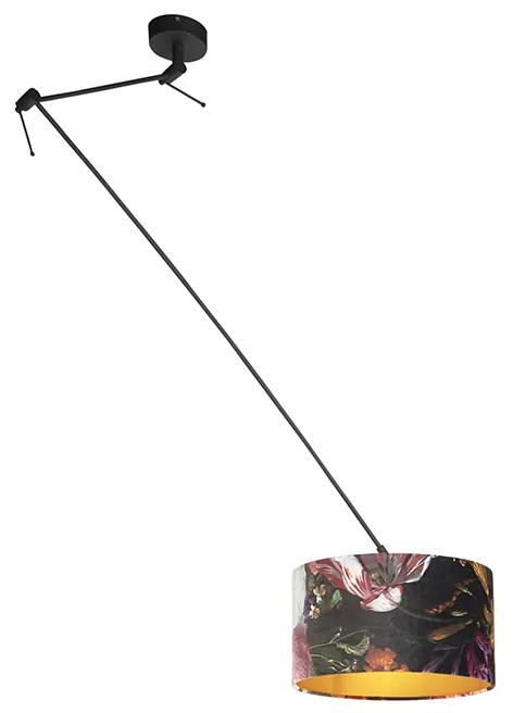 Závesné svietidlo čierne s plyšovým tienidlom s kvetmi so zlatom 35 cm - Blitz