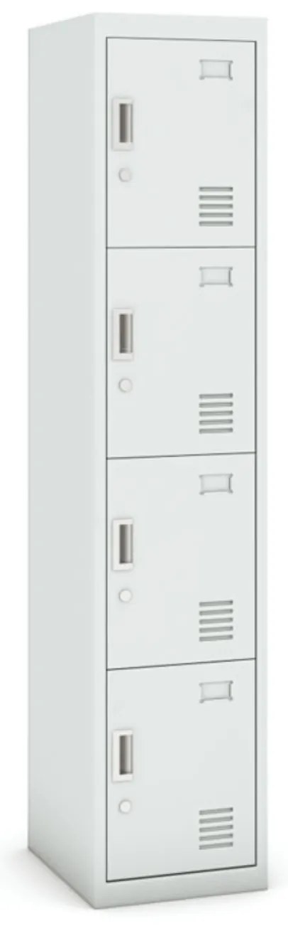 Šatníková skrinka s úložnými boxami, 4 boxy, 1800 x 380 x 450 mm, demont, cylindrický zámok, sivá/sivá