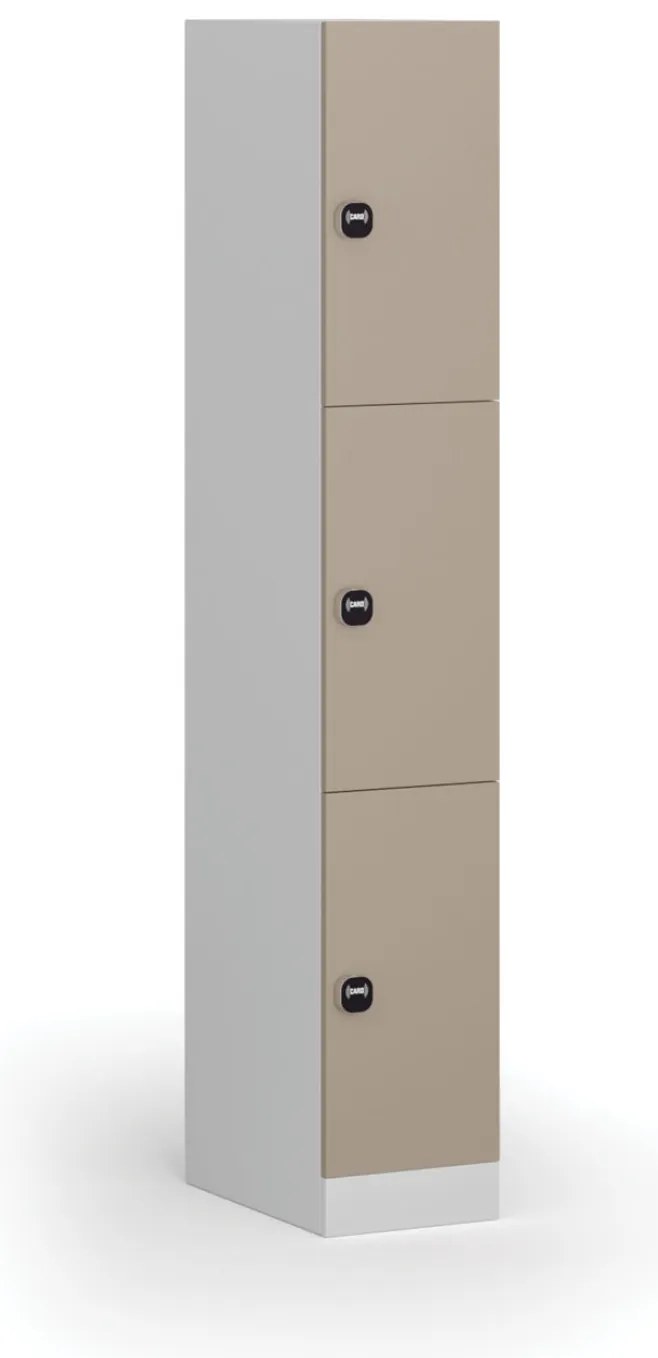 Šatníková skrinka S1 s úložnými boxmi, 3 boxy, 1850 x 300 x 500 mm, demont, zámok s čítačkou RFID kariet, béžové dvere