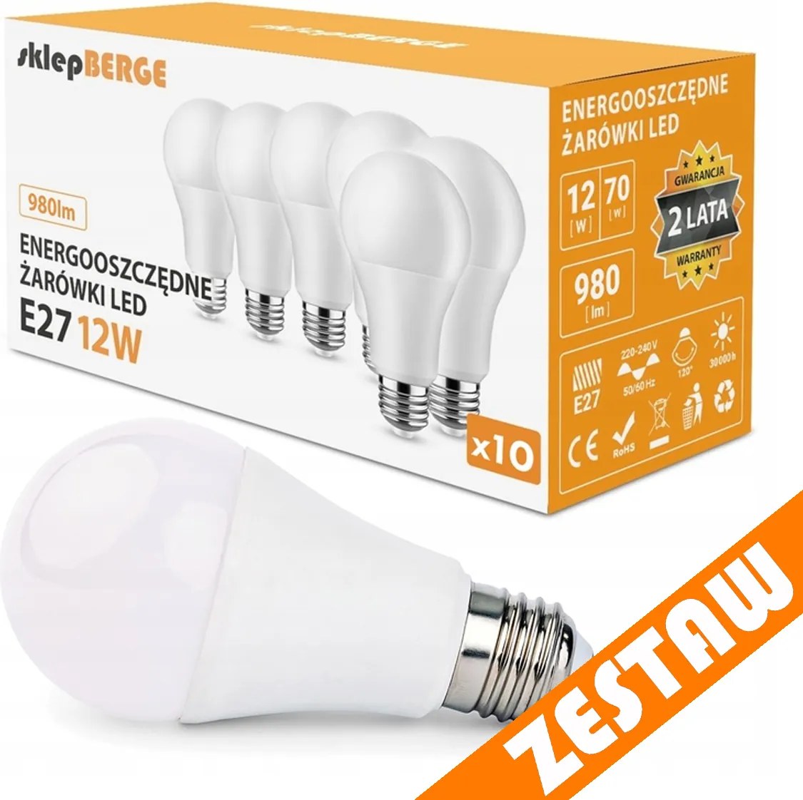 SADA 10x LED žiarovka E27 12W - studena biela