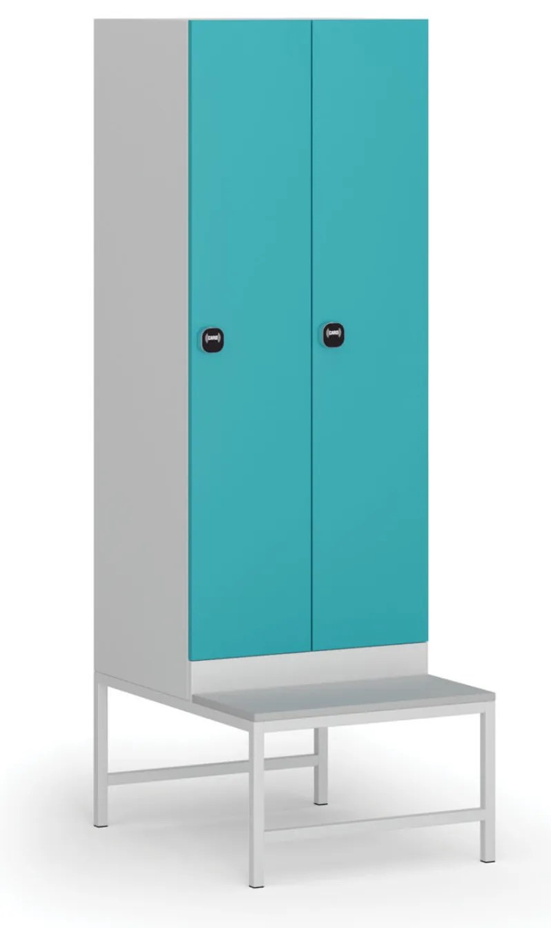 Šatníková skrinka s lavičkou, 2 oddiely, 1875 x 600 x 500/800 mm, demont, zámok s čítačkou RFID kariet, zelené dvere