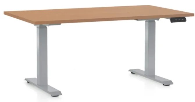 Výškovo nastaviteľný stôl OfficeTech D, 140 x 80 cm, sivá podnož, buk