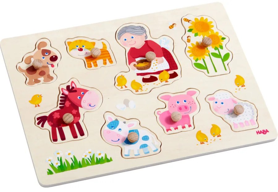 Drevené vkladacie puzzle – babička Lena a jej zvieratká