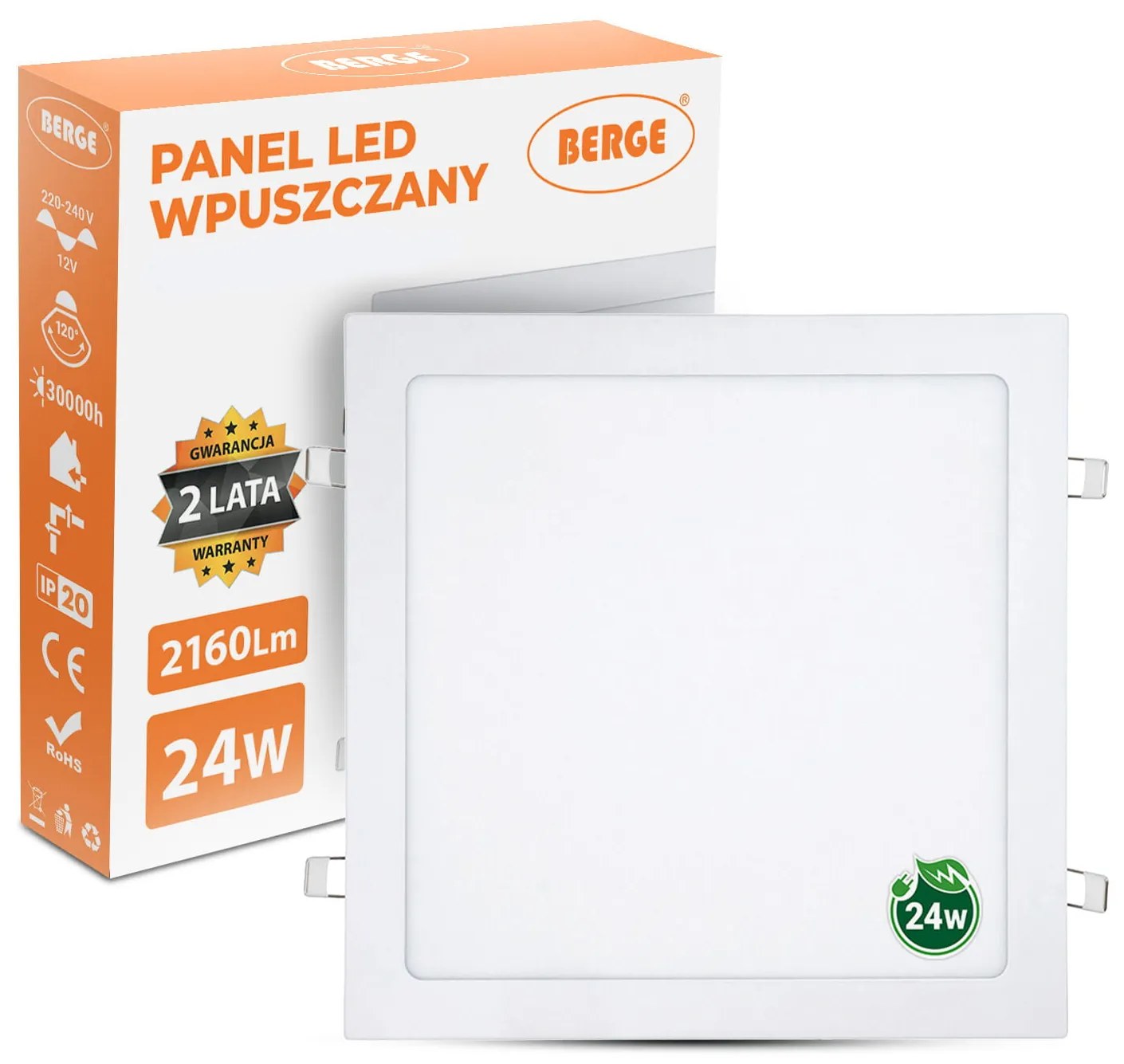 BERGE LED panel štvorcový 300x300x20mm vstavaný - 24W - 230V - 1900Lm - studená