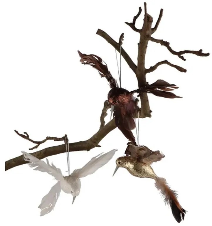 Set 3ks závesná dekorácia vtáčik zlatá hnedá biela - 18*20*8 cm