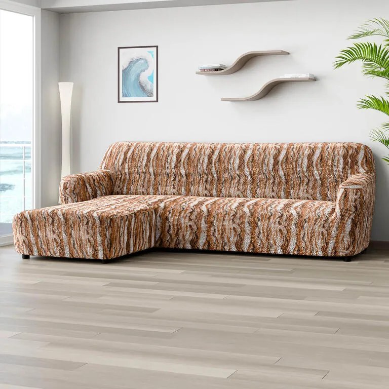 Bielastické poťahy OCEANO NOVÉ tehlové sedačka s otomanom vľavo (š. 170 - 300 cm)