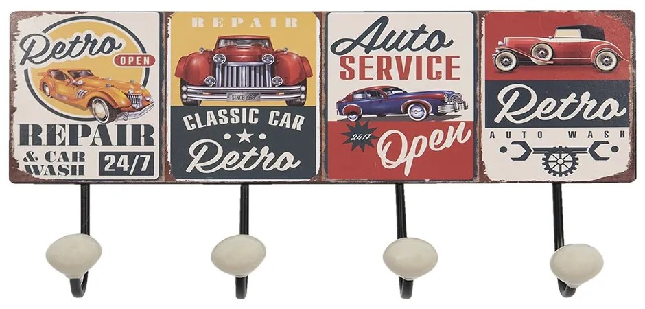 Nástenný kovový vešiak so 4-mi háčikmi Auto Service - 40*7*18 cm