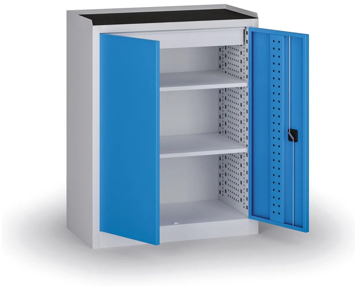 Policová dielenská skriňa 2-dverová, 2 police + 1 zásuvka, 1180 × 950 × 500 mm, modré dvere