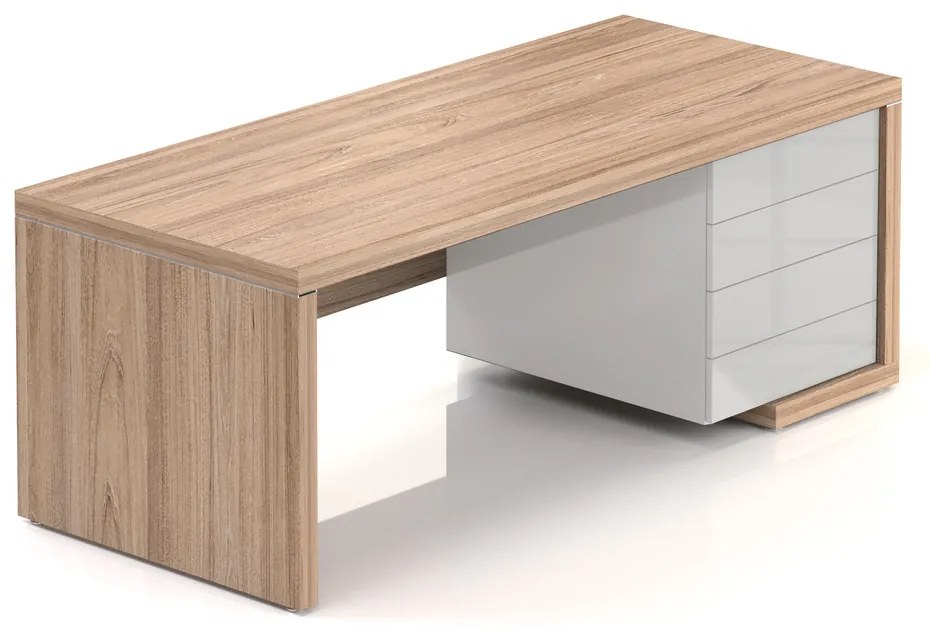 Stôl Lineart 200 x 85 cm + pravý kontajner, brest svetlý / biela