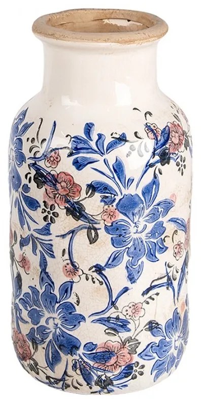 Béžová keramická dekoračná váza s modrými kvetmi Marsia M - Ø 14*26 cm