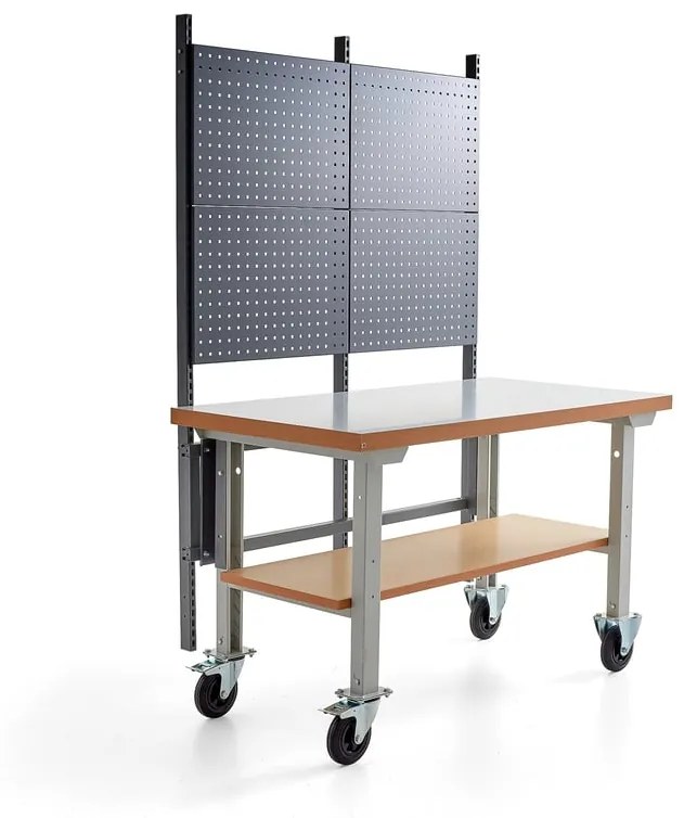 Mobilný dielenský stôl SOLID, s panelom na náradie a spodnou policou, 1500x800 mm, HPL