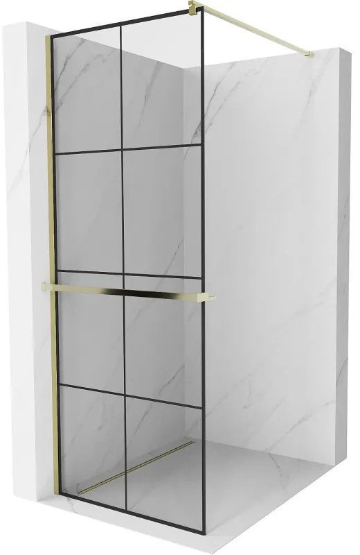 Mexen Kioto+, sprchová zástena s poličkou a držiakom na uteráky 80 x 200 cm, 8mm číre sklo vzor čierny, zlatý profil, 800-080-121-50-77