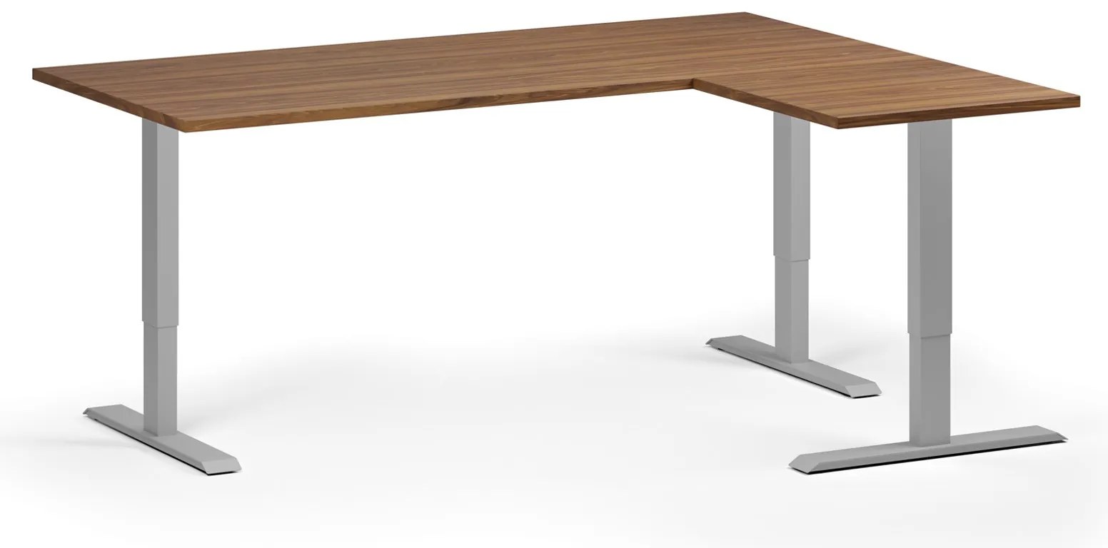 Výškovo nastaviteľný stôl, 180x140 cm, 3 motory, L/P, sivá podnož, orech