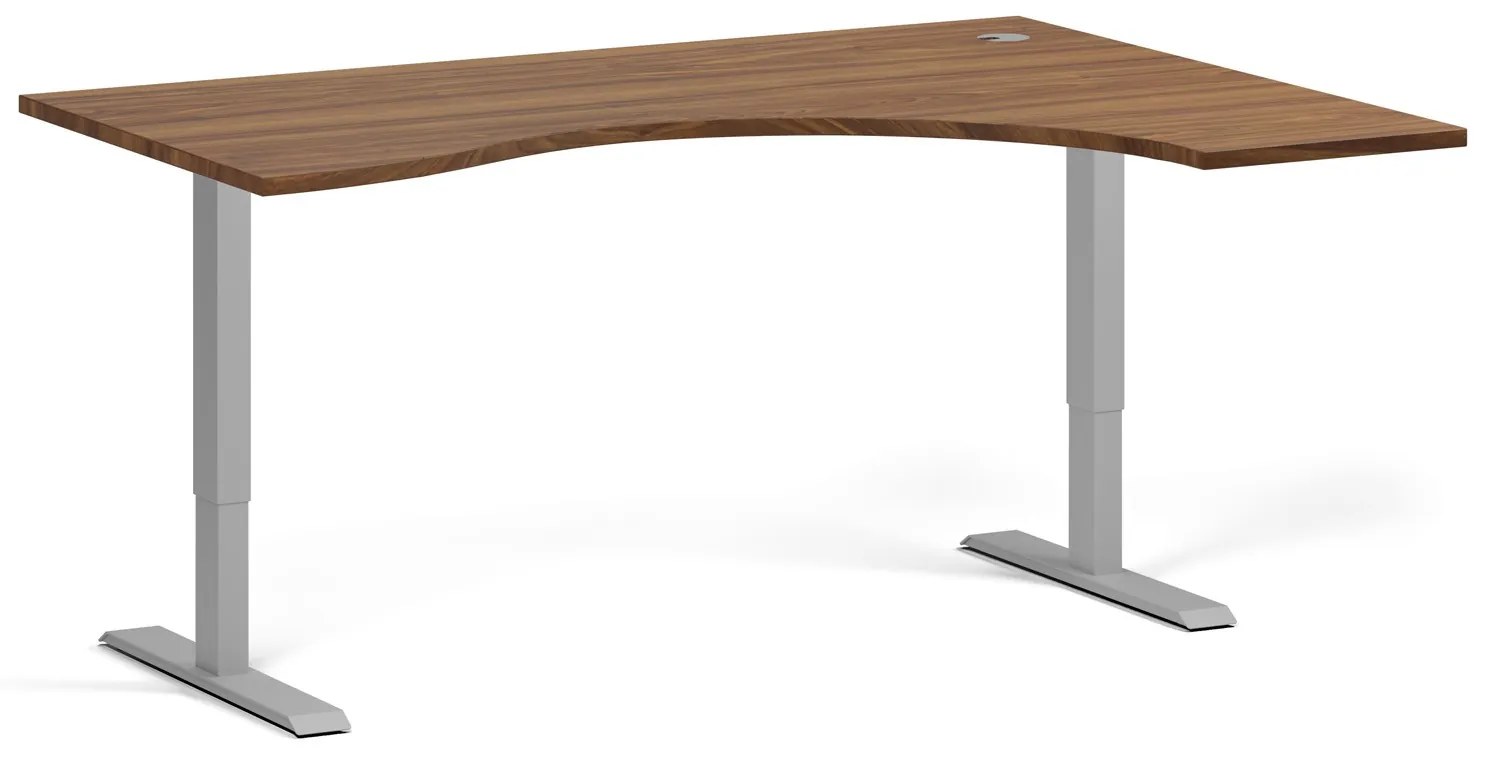 Ergonomický výškovo nastaviteľný stôl, 160x120 cm, 1 motor, L/P, sivá podnož, orech