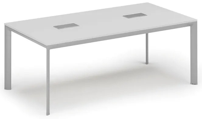 Rokovací stôl PRIMO INVITATION, 200x100 cm, biela + 2x stolná zásuvka TYP III, strieborná