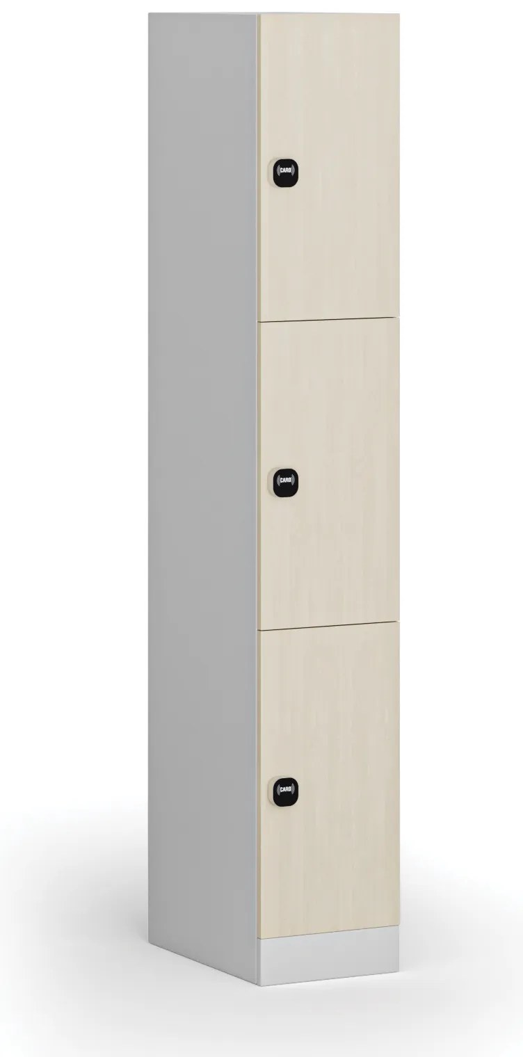 Šatníková skrinka S1 s úložnými boxmi, 3 boxy, 1850 x 300 x 500 mm, demont, zámok s čítačkou RFID kariet, laminované dvere, breza