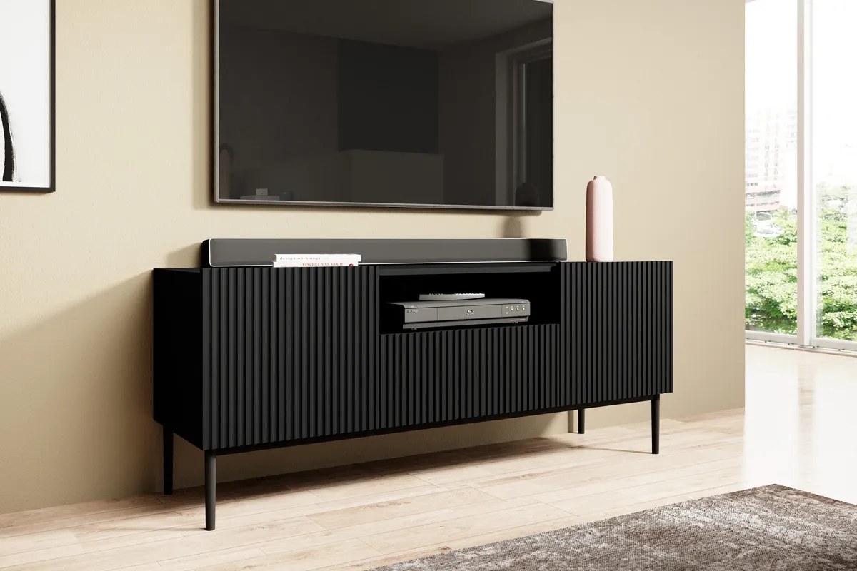 TV stolík Nicole 150 cm s otvorenou policou - čierny mat / čierne nožičky