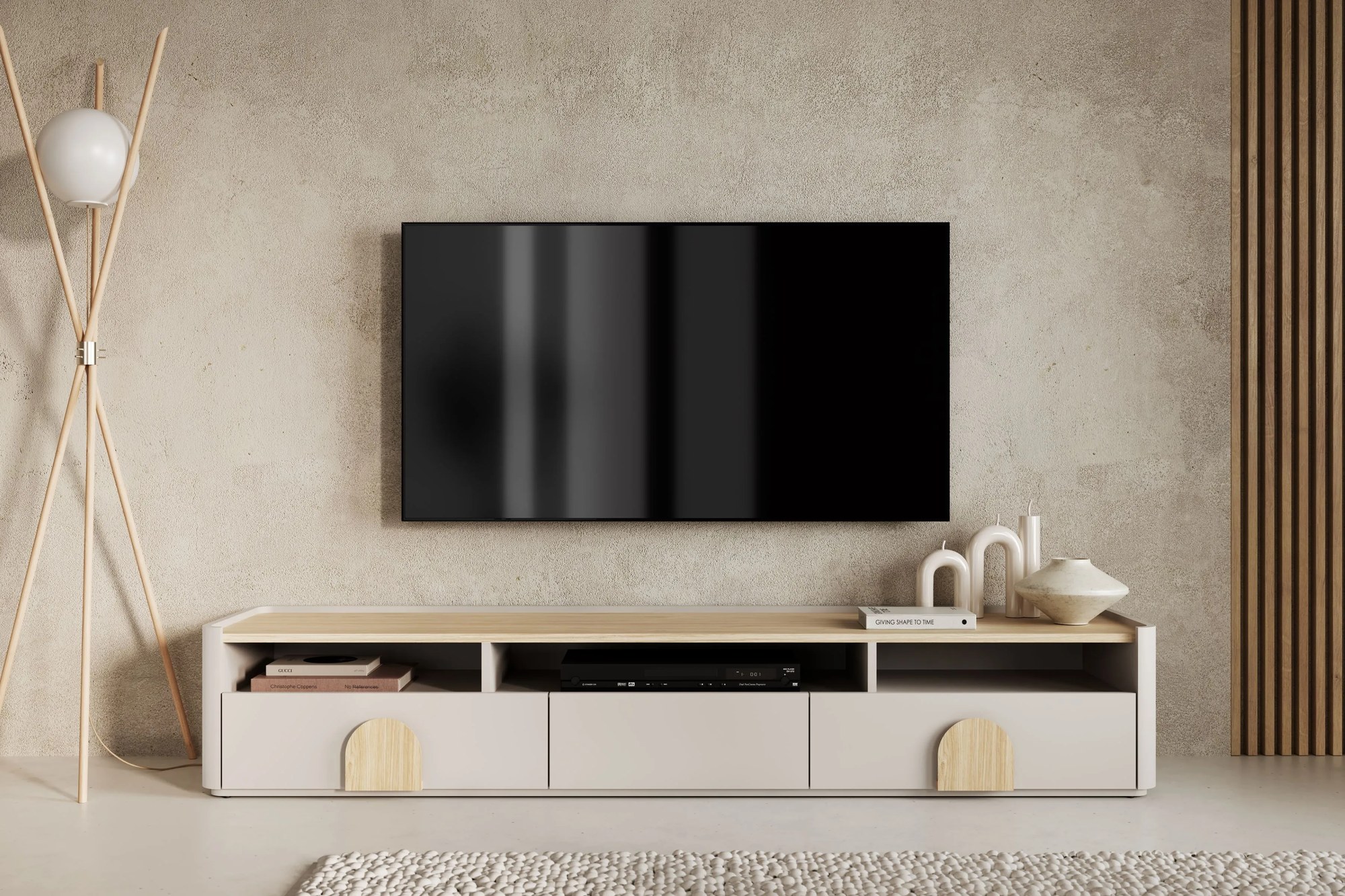 TV stolík Amilio 200 cm - kašmírová / dub olejovaný / dub svetlý