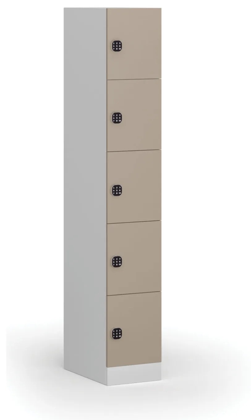 Šatníková skrinka s úložnými boxmi, 5 boxov, 1850 x 300 x 500 mm, kódový zámok, béžové dvere