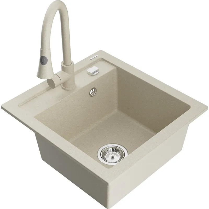 Mexen Vito, 1-komorový granitový drez 490x520x210 mm a drezová batéria Elia, béžová, 6503-69-670101-69