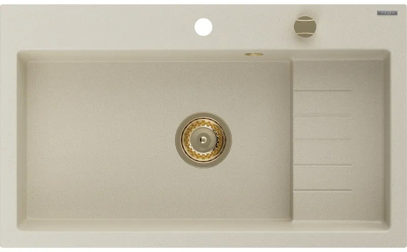 Mexen Omar, 1-komorový granitový drez 800x480x210 mm, béžový, zlatý sifón, 6520801005-69-G