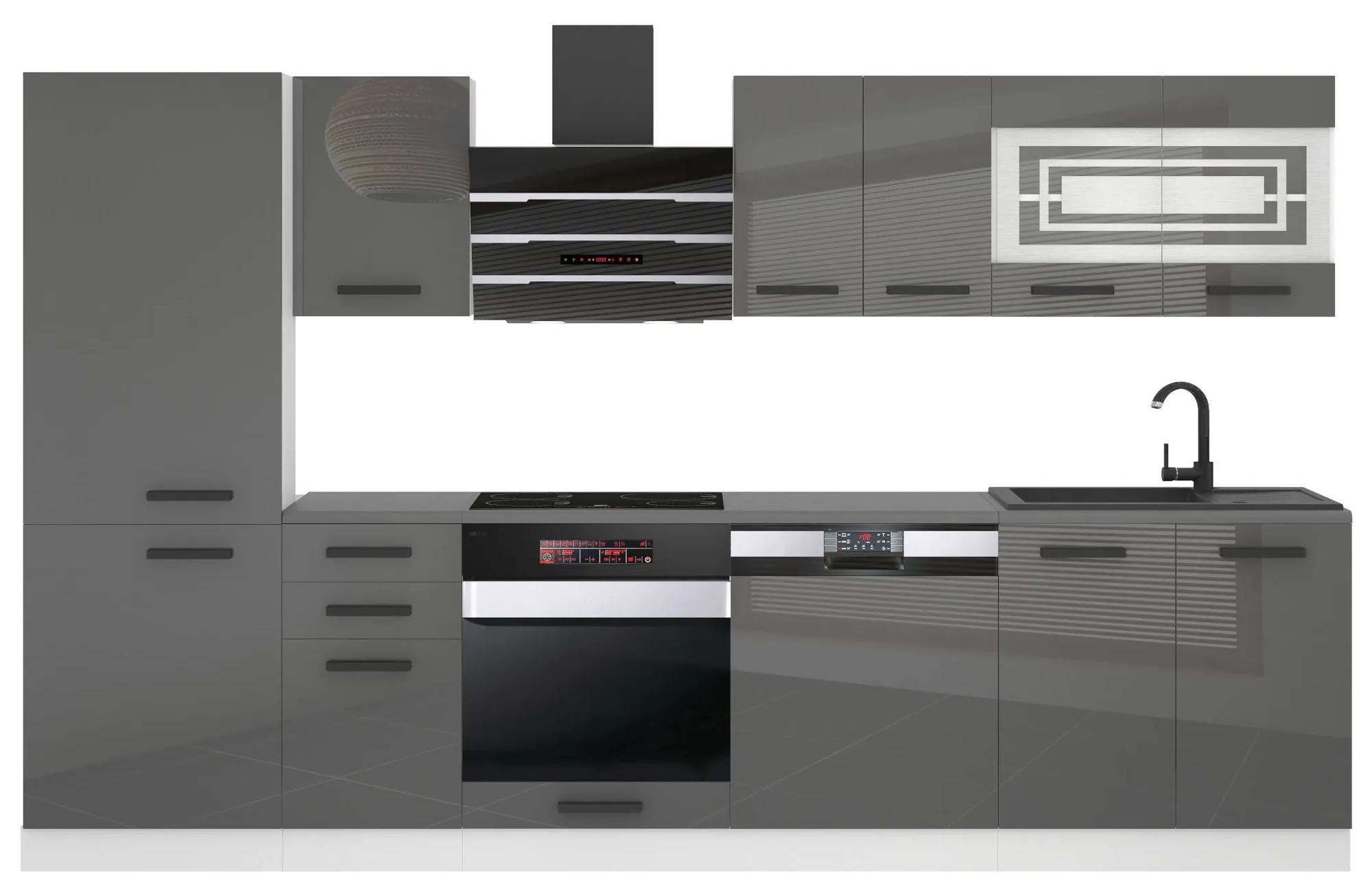 Kuchynská linka Belini Premium Full Version 300 cm šedý lesk s pracovnou doskou CINDY