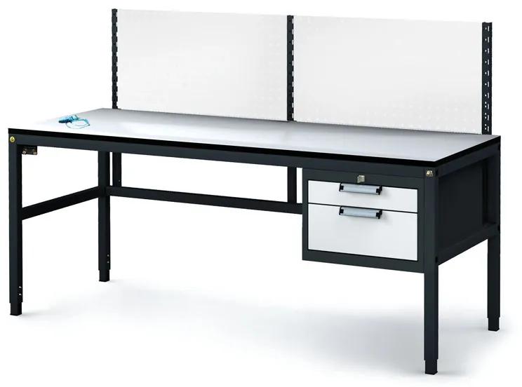 Alfa 3 Antistatický dielenský ESD stôl s perfopanelom, 2 zásuvkový box na náradie, 1800x800x745-985 mm