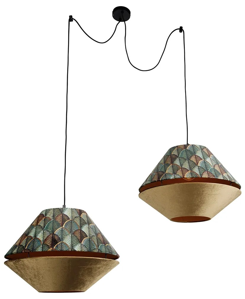 Závesná lampa čierna s dvojitým zamatovým tienidlom s dizajnom listov a béžovou farbou 2-svetlá - Cava Luxe