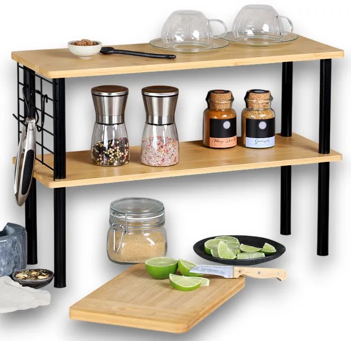 Kuchynská 2-poschodová bambusová polička s háčikmi KESPER AREA 2