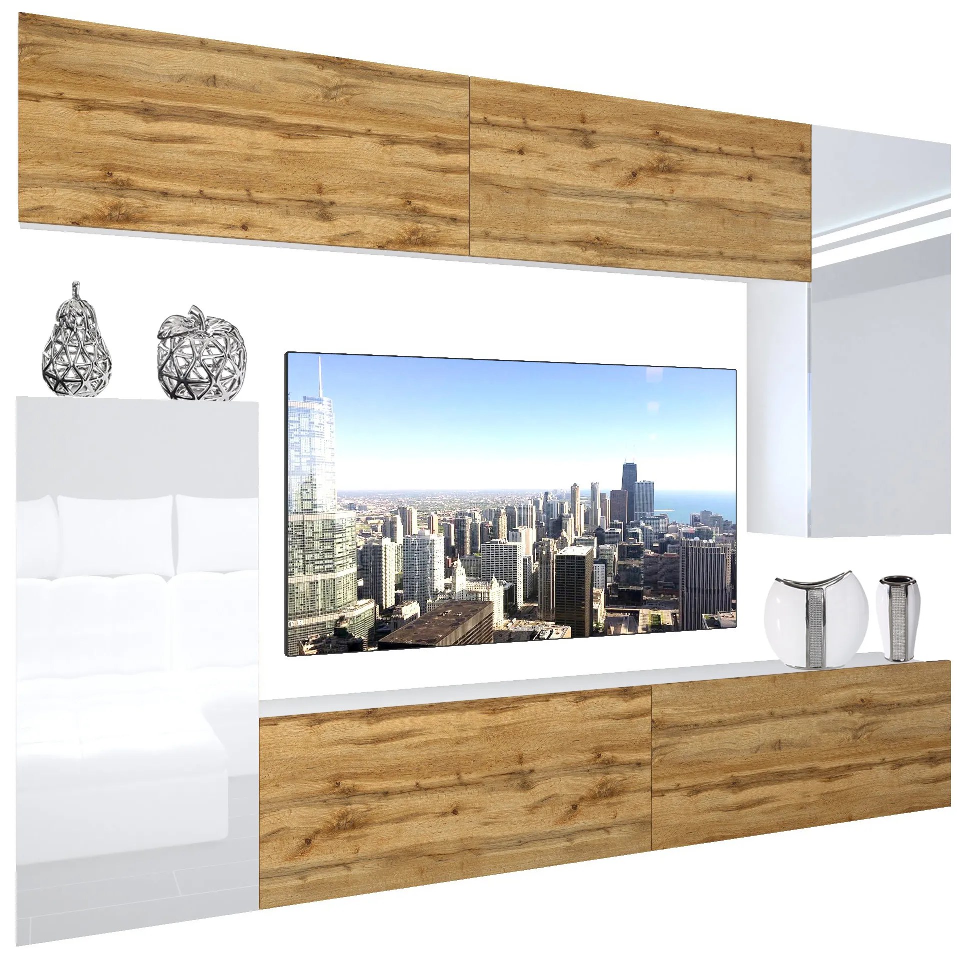 Obývacia stena Belini Premium Full Version dub wotan / biely lesk + LED osvetlenie Nexum 124