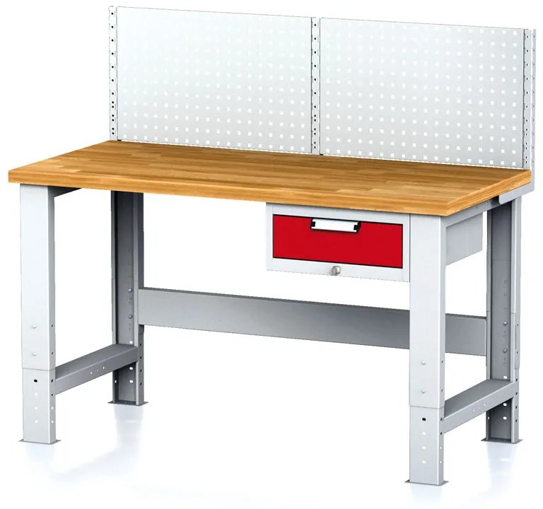 Alfa 3 Nastaviteľný dielenský stôl MECHANIC I, závesný box na náradie, nadstavba, 1 zásuvka, 1500x685x700-1055 mm, červené