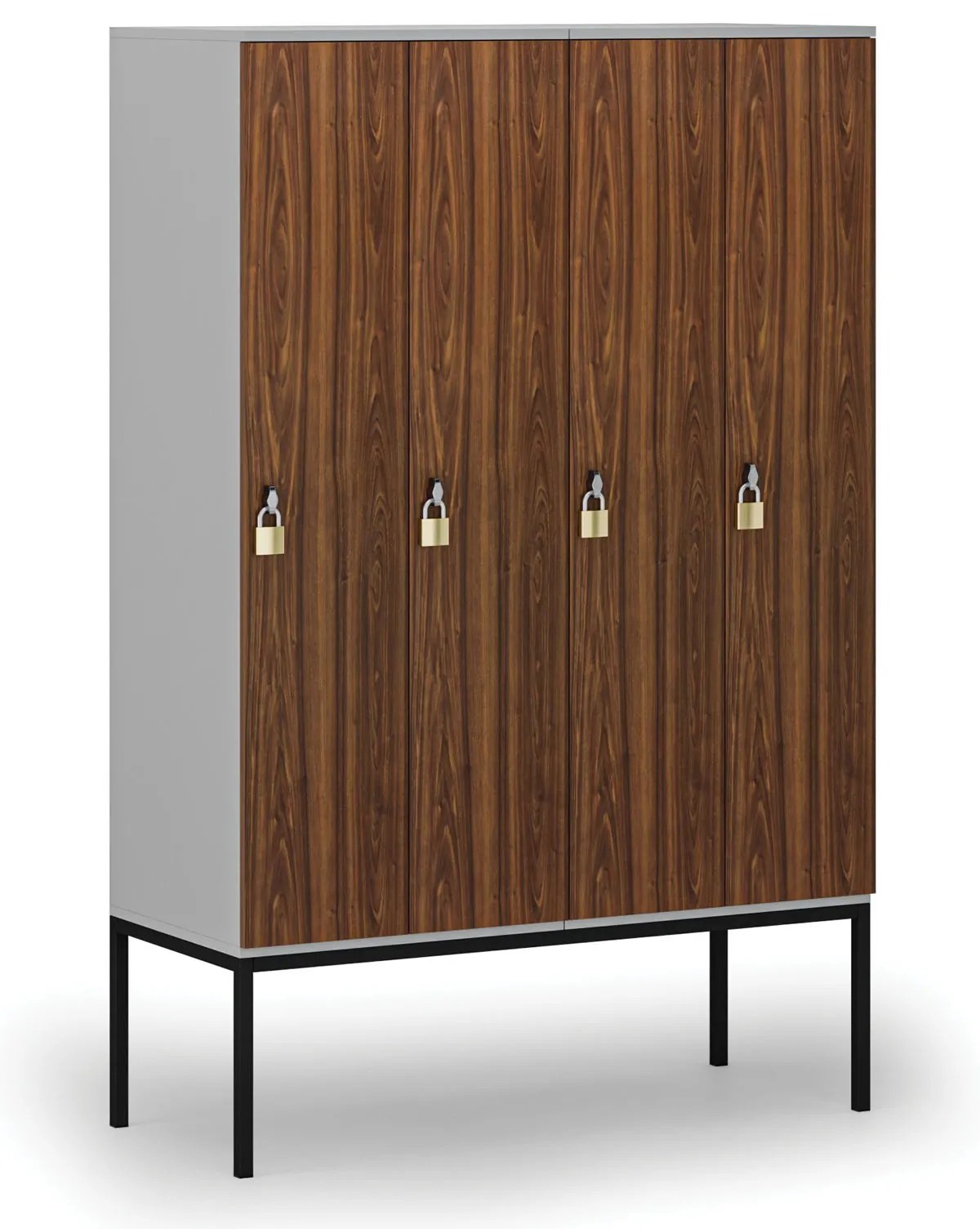 Drevená šatníková skrinka S4 s podnožou, 4 oddiely, 1871 x 1200 x 500 mm, demont, otočný zámok, sivá/orech