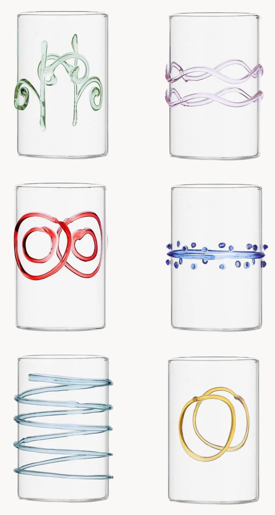 Ručne vyrobené poháre na shoty z borosilikátového skla Deco' Arlecchino, 6 ks