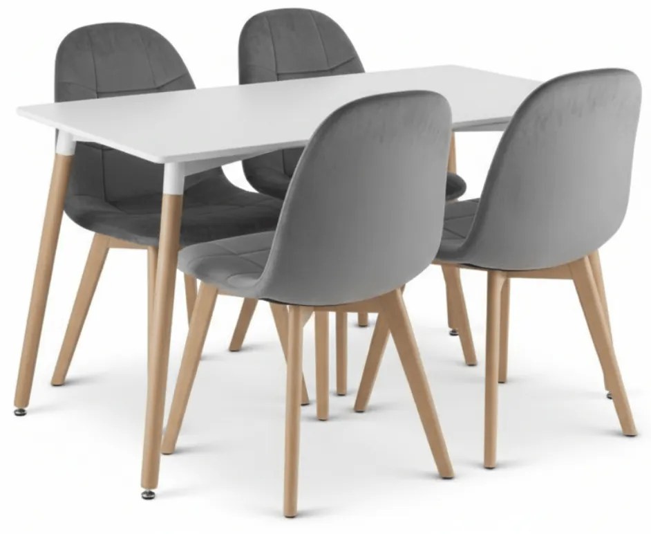 Jedálenský set 1 + 4, biely stôl ADRIA 120x80 cm + tmavosivá zamatová stolička BORA