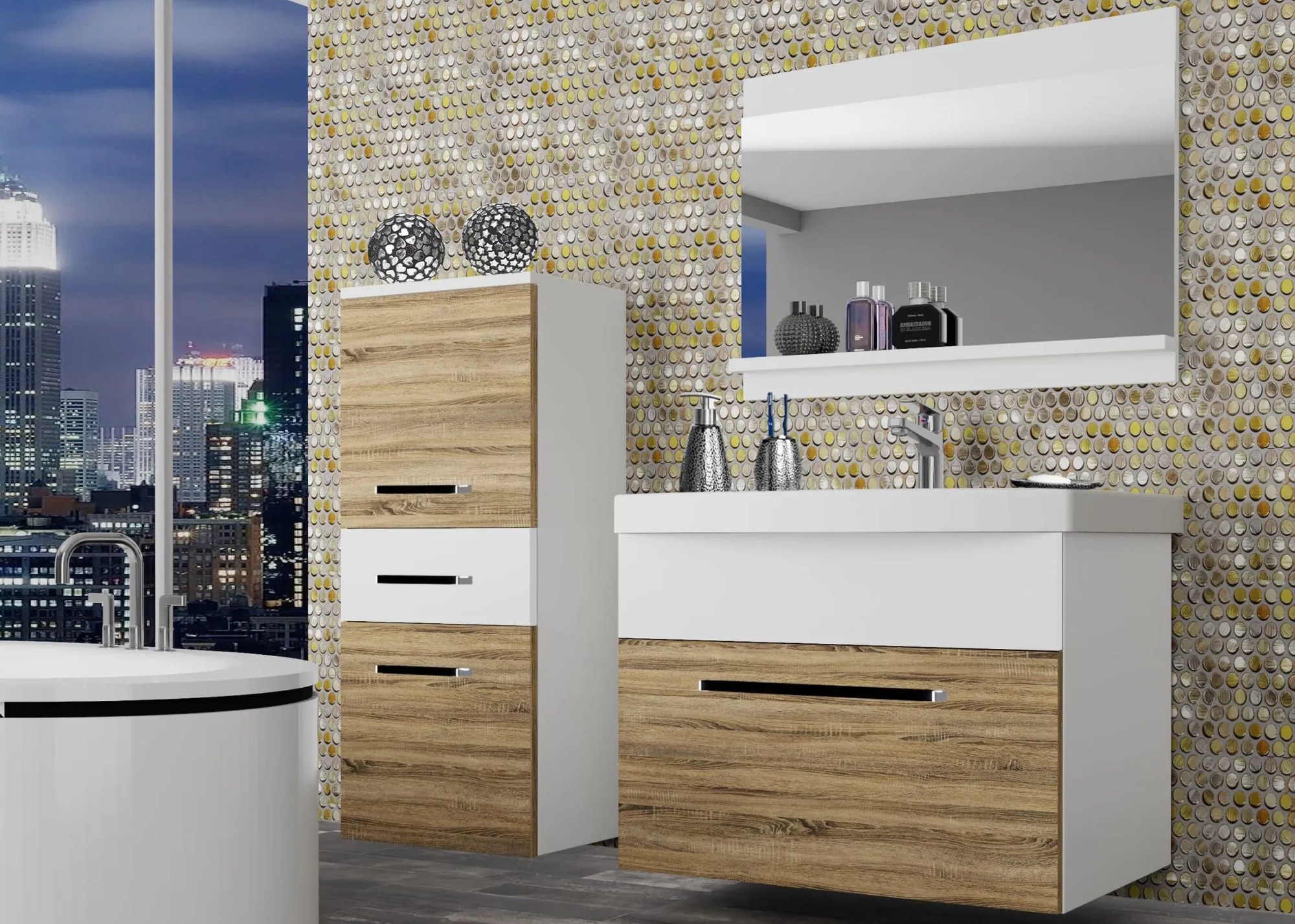 Kúpeľňový nábytok Belini dub sonoma / biely mat + umývadlo + zrkadlo ROD M 2/0/W/DSW/0/ZW